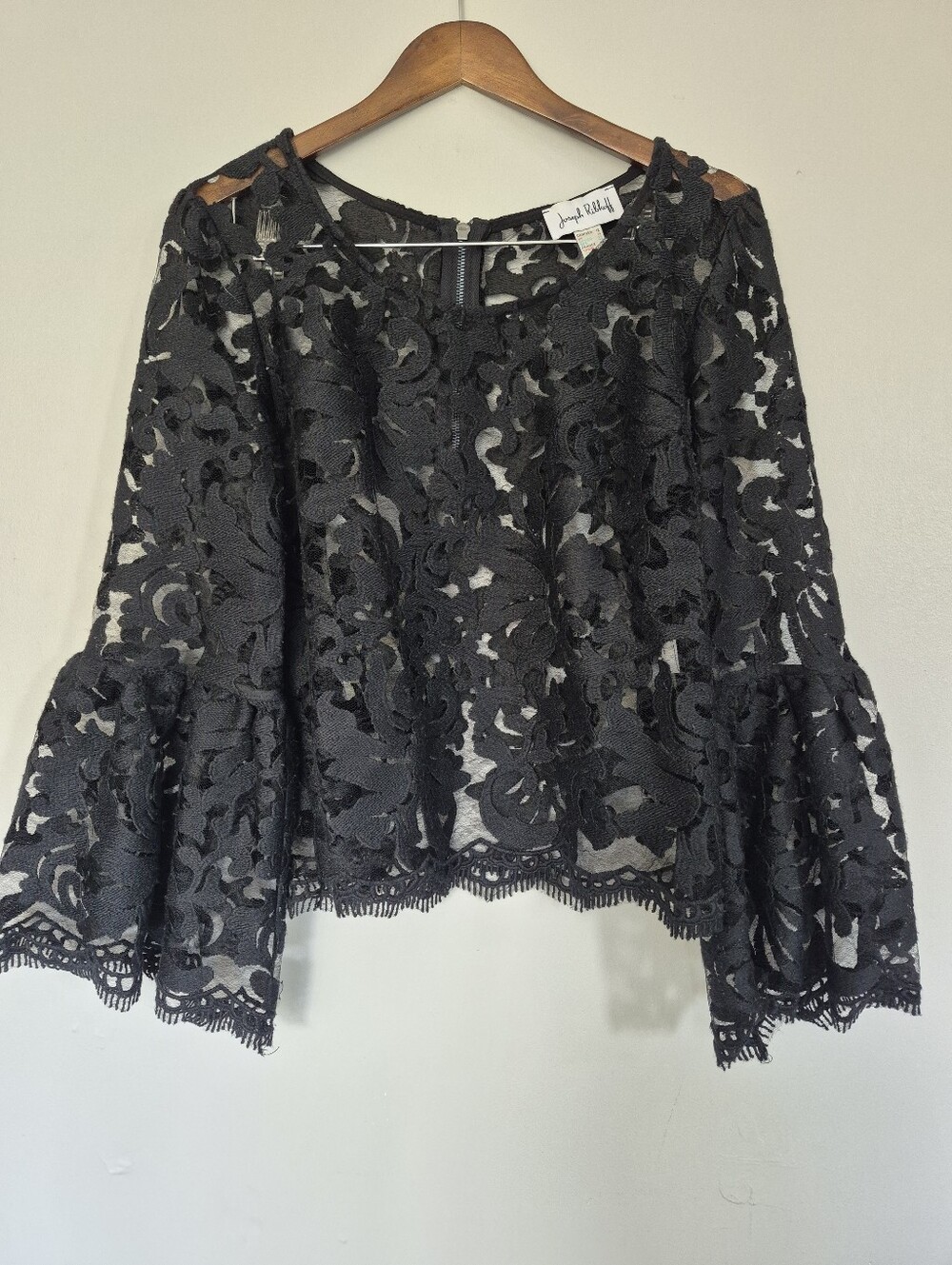 Joseph Ribkoff Black Sheer Lace Back Zip Top Ruffle Sleeve Size 12